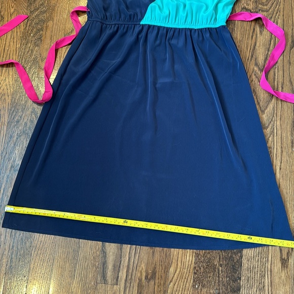 Navy Blue Color Block Dress with Pink Tie Around Waist - Picture 7 of 9